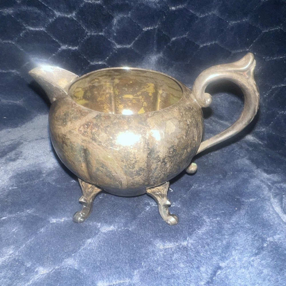 Vintage Sheridan Silver on Copper Creamer Pitcher Small Silver Good Footed Melon